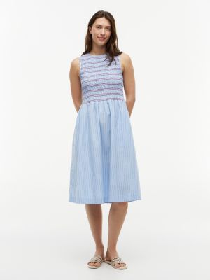Striped Shirred Poplin Midi Dress, Vessel Blue