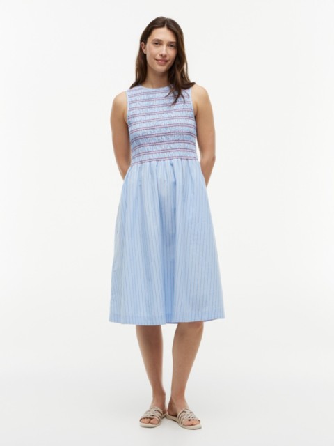 Tommy Hilfiger Striped Shirred Poplin Midi Dress