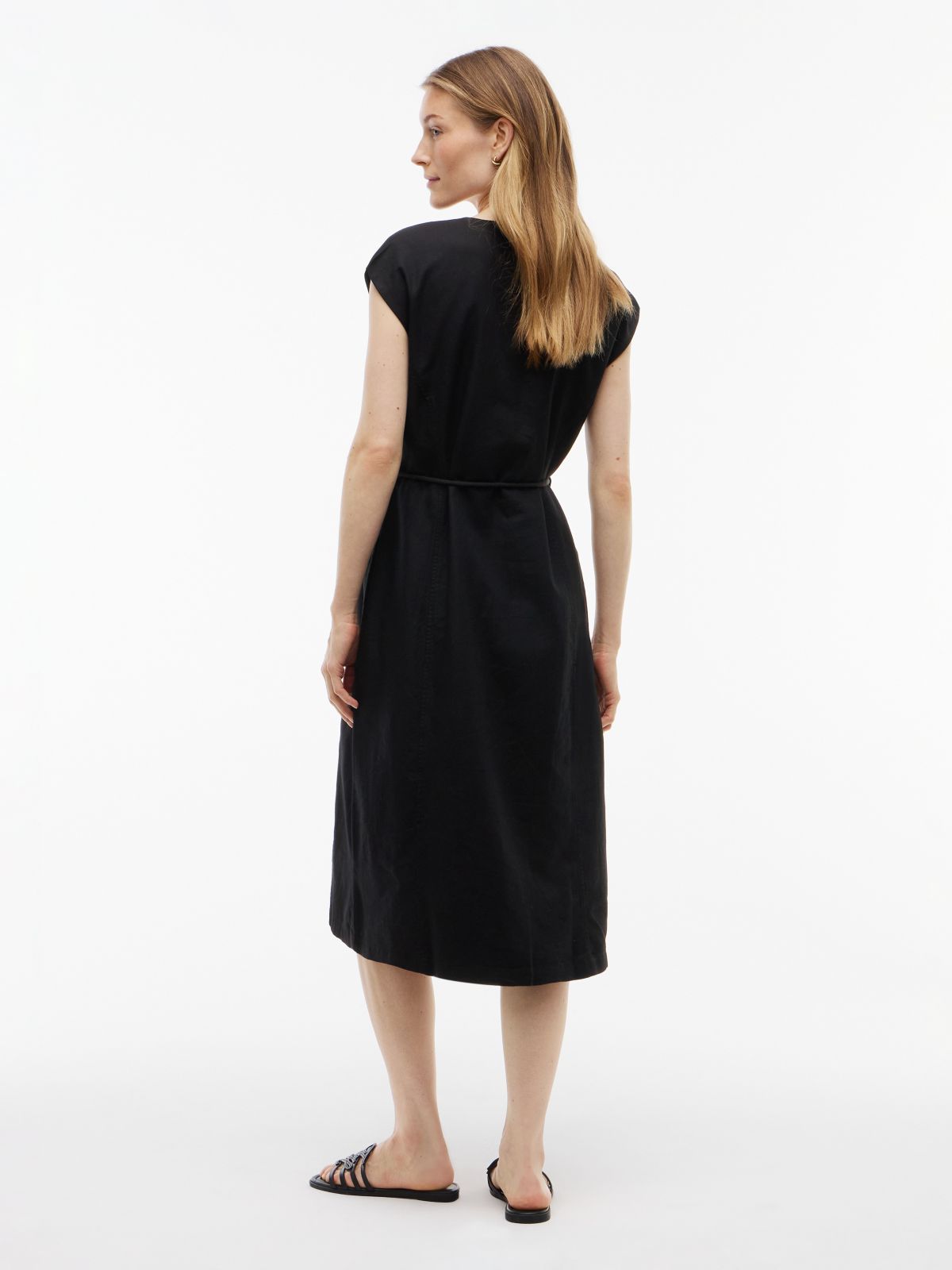 Nautical Cotton-Linen Blend Midi Dress — Black