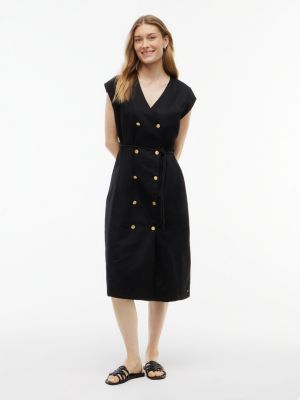 Nautical Cotton-Linen Blend Midi Dress, Black