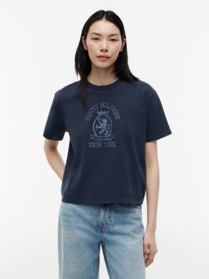 Crest Logo Garment-Dyed Boxy T-Shirt, Navy Blue