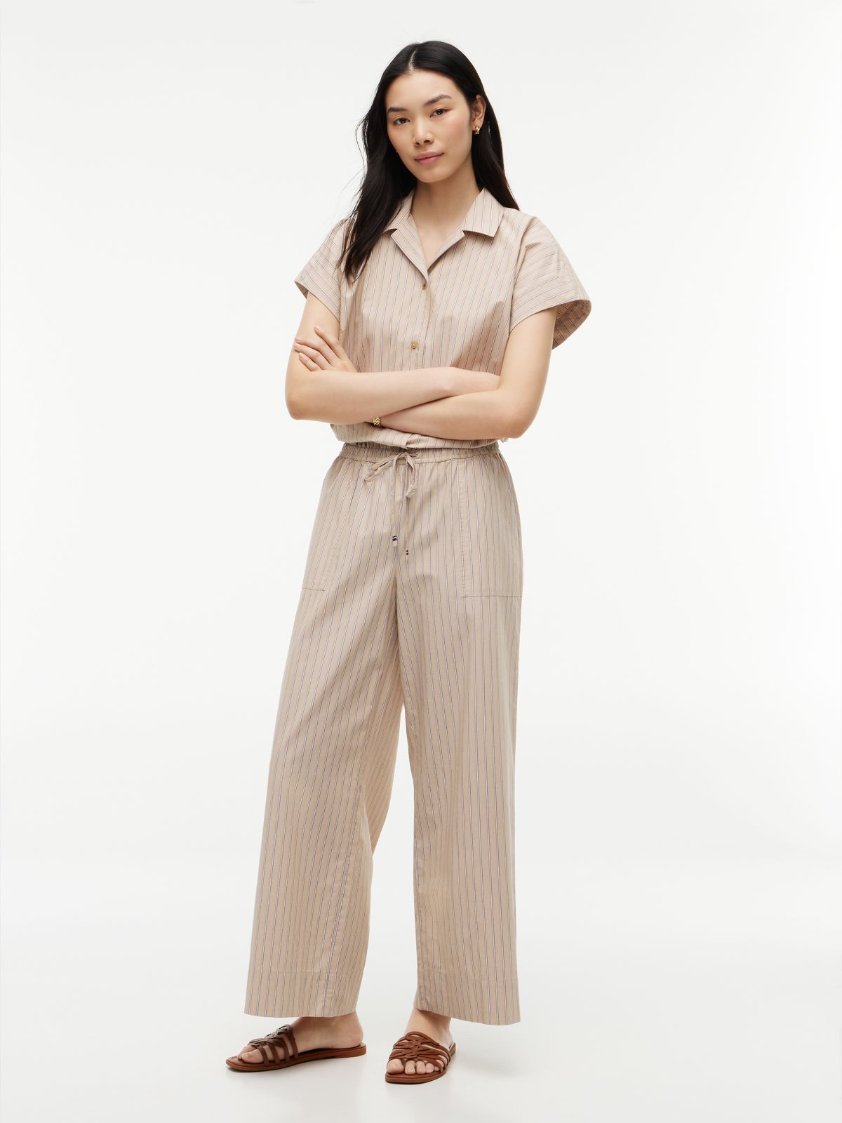 Striped Poplin Pull-On Pant — Clayed Pebble
