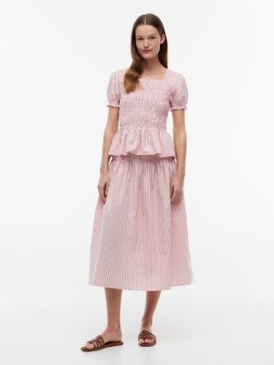 Striped Shirred Poplin Midi Skirt, Precious Pink