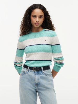 Rugby Stripe Cable Knit Sweater, Mint Green Stripe