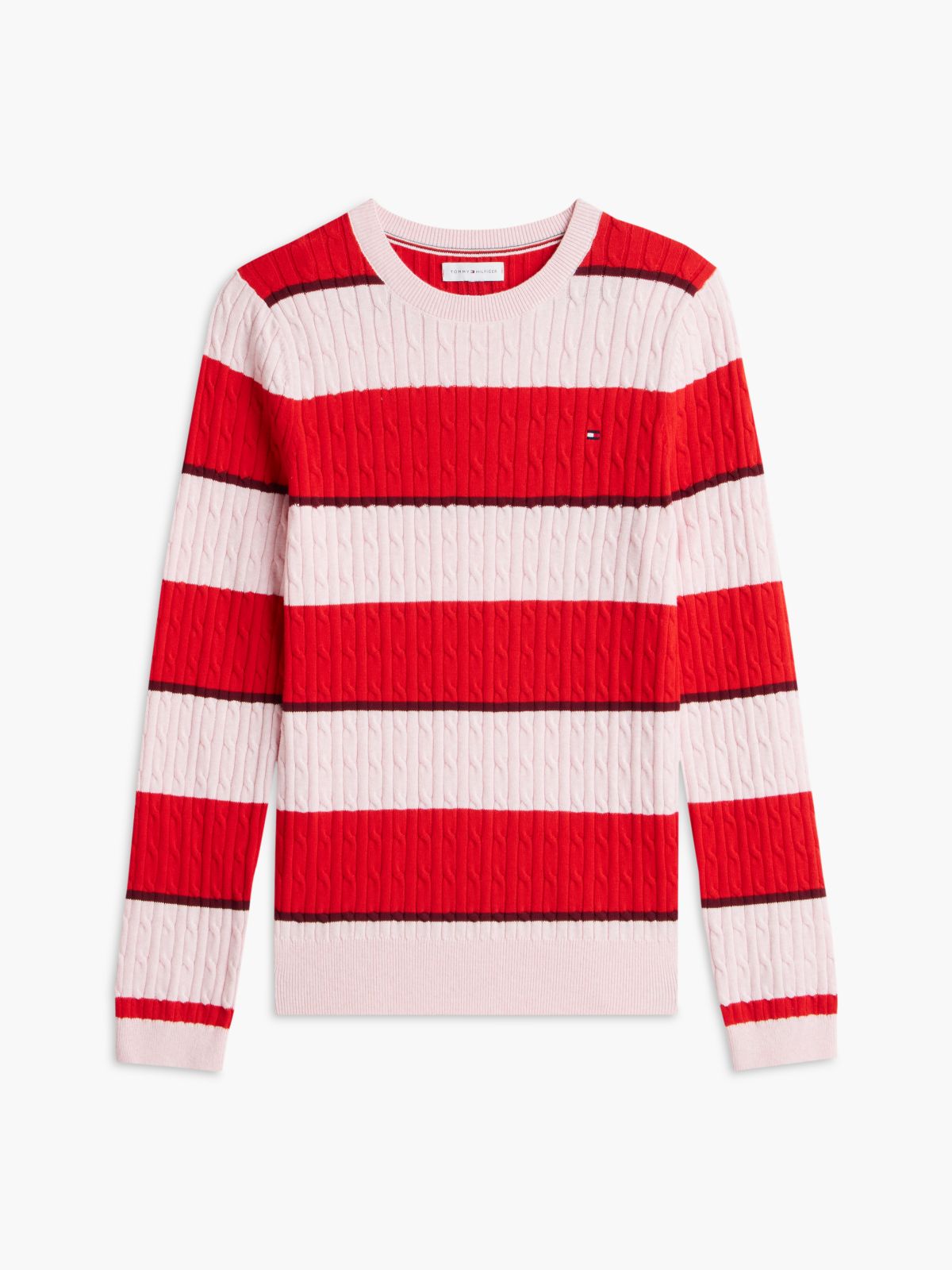 Rugby Stripe Cable Knit Sweater — Pink/Red Stripe