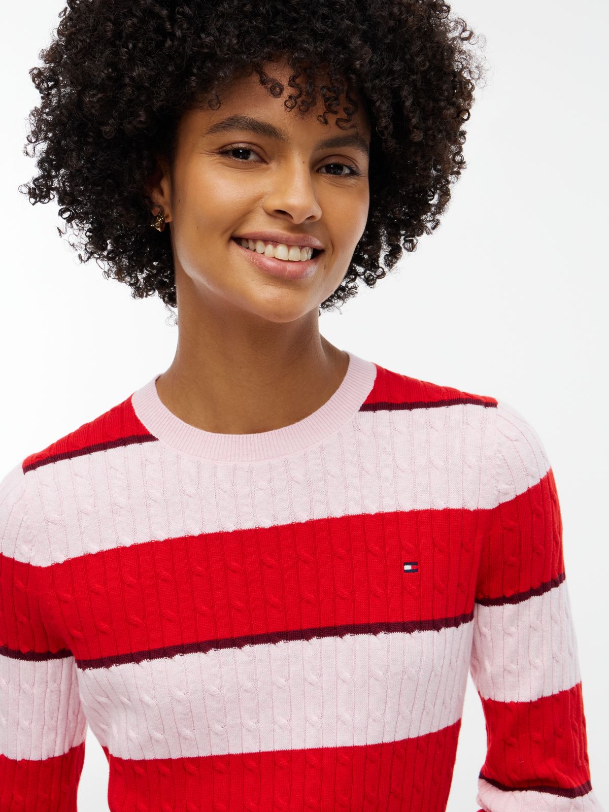 Rugby Stripe Cable Knit Sweater — Pink/Red Stripe