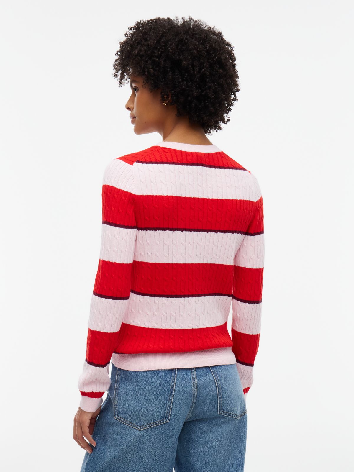 Rugby Stripe Cable Knit Sweater — Pink/Red Stripe