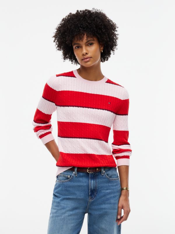 Rugby Stripe Cable Knit Sweater — Pink/Red Stripe