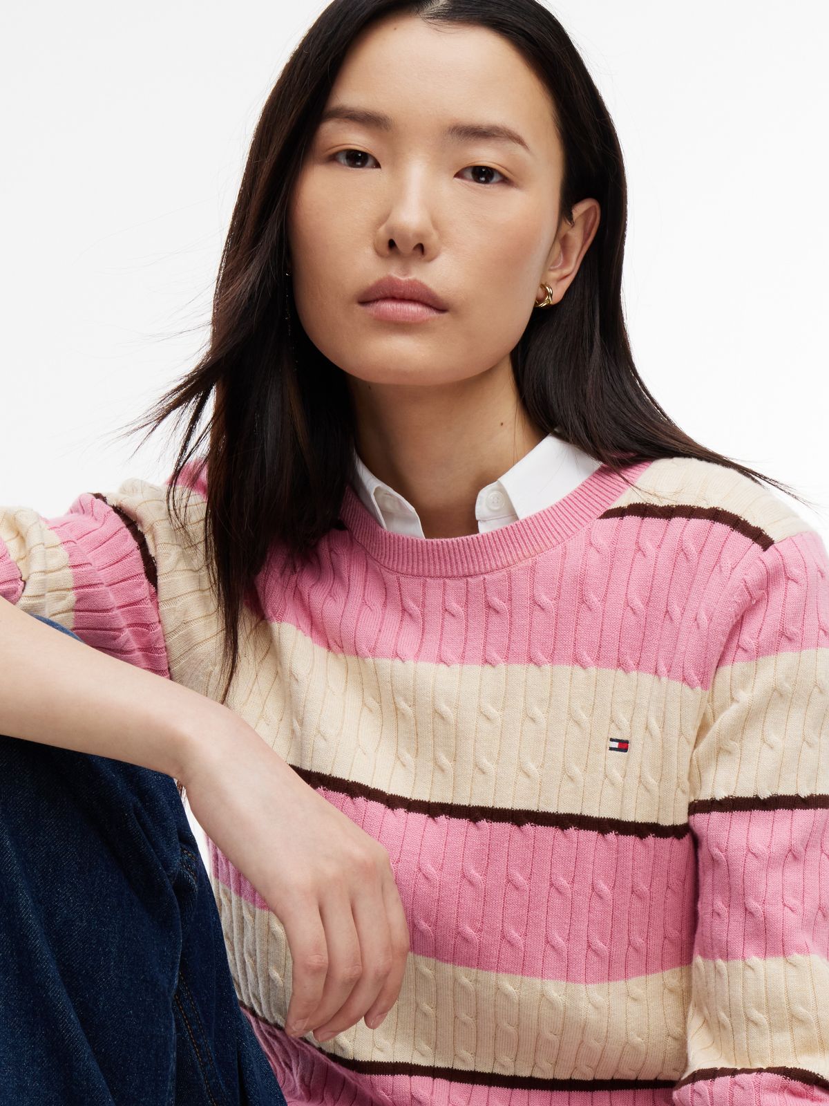 Rugby Stripe Cable Knit Sweater — Mystic Pink