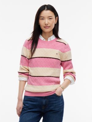 Rugby Stripe Cable Knit Sweater, Mystic Pink