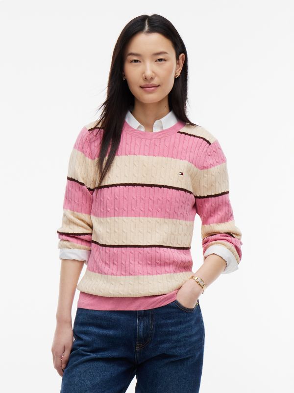Rugby Stripe Cable Knit Sweater — Mystic Pink