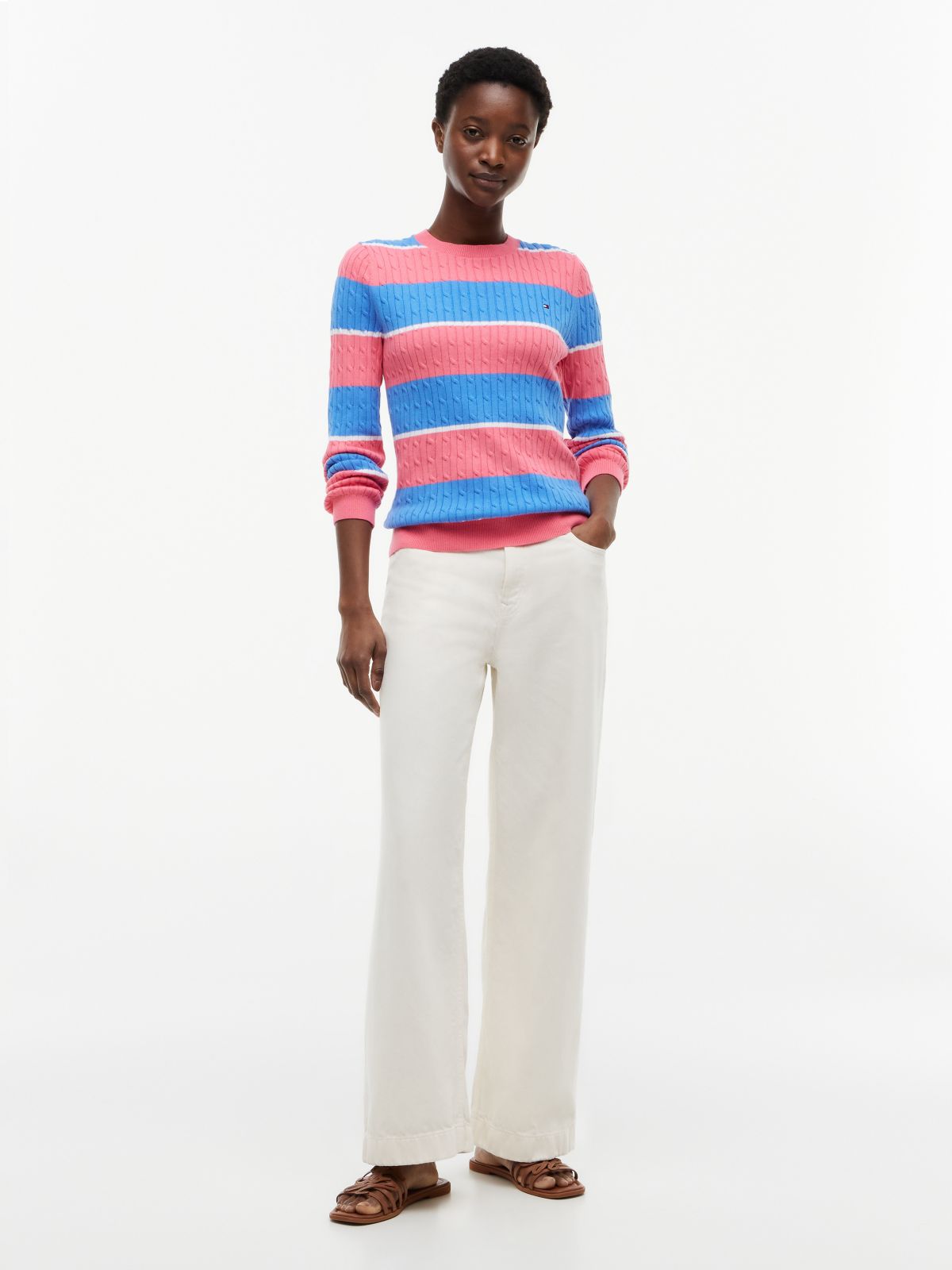 Rugby Stripe Cable Knit Sweater — Garden Rose