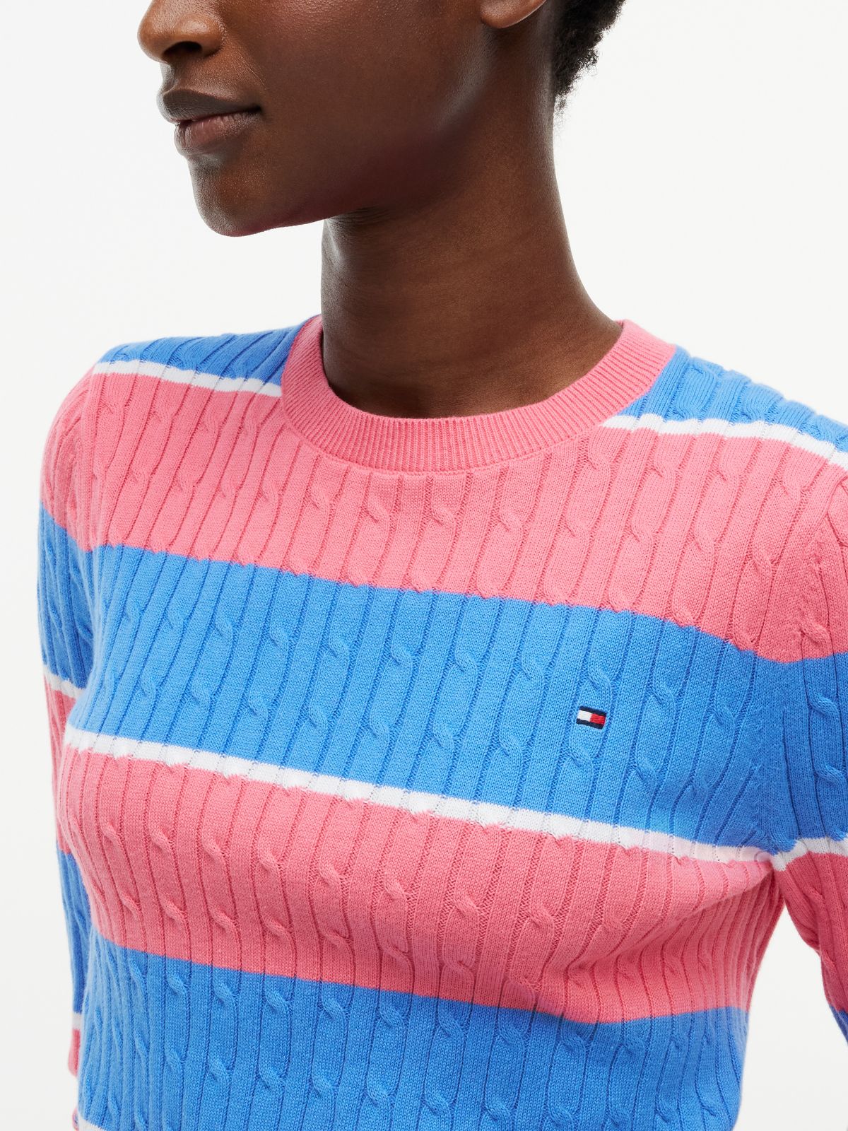 Rugby Stripe Cable Knit Sweater — Garden Rose