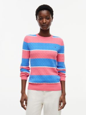 Rugby Stripe Cable Knit Sweater, Garden Rose