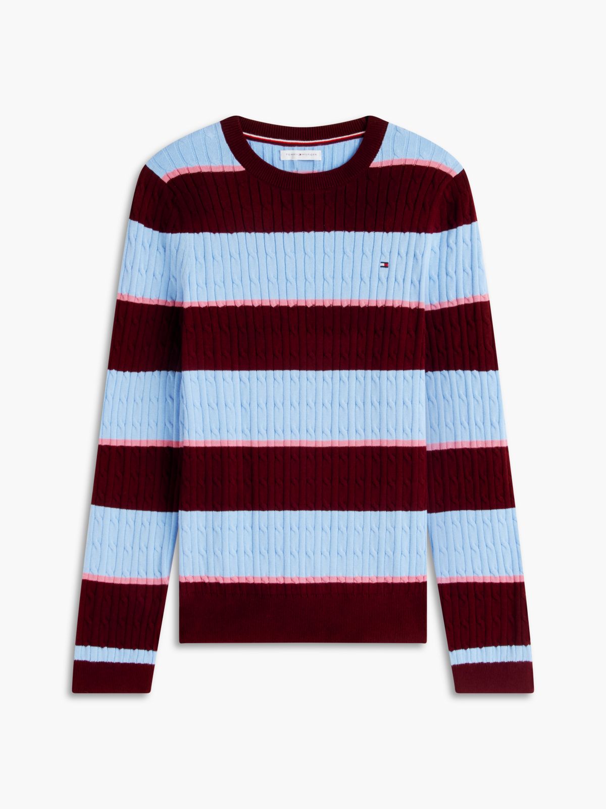 Rugby Stripe Cable Knit Sweater — Burgundy