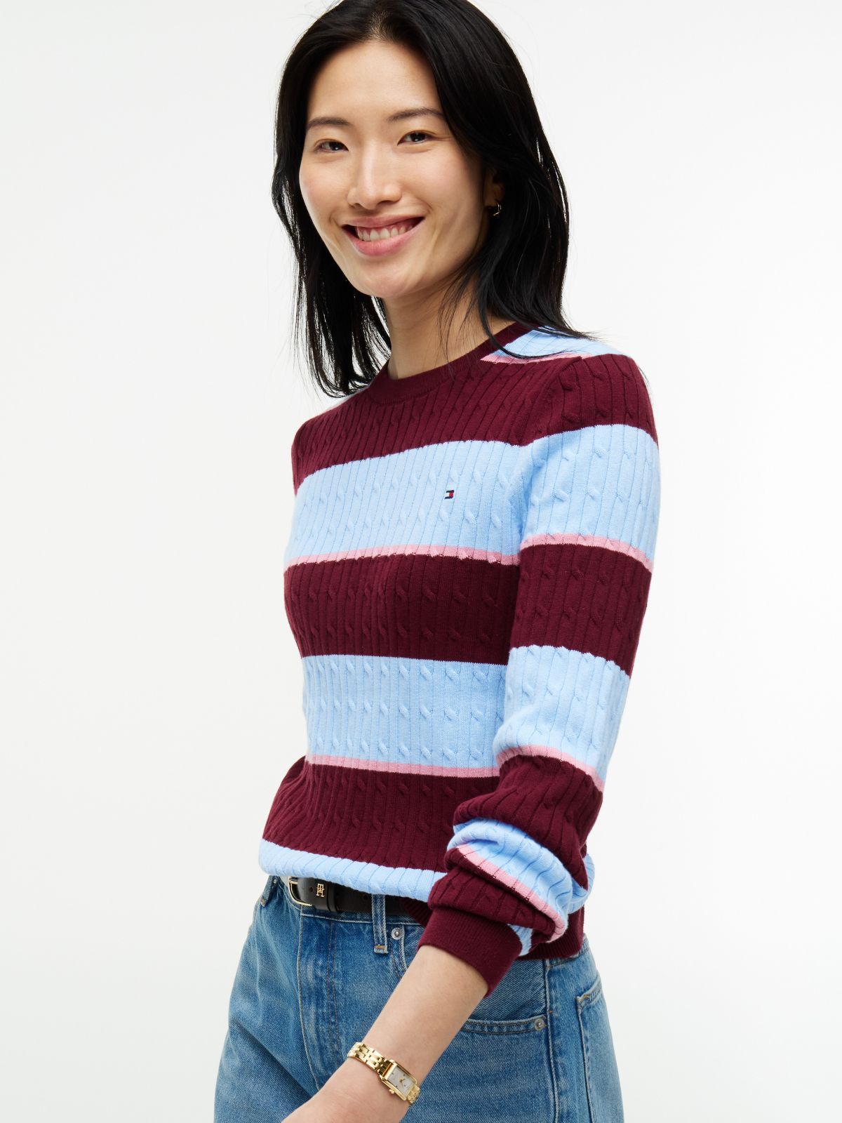 Rugby Stripe Cable Knit Sweater — Burgundy