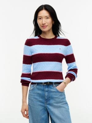 Rugby Stripe Cable Knit Sweater, Burgundy