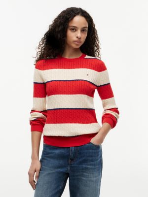 Rugby Stripe Cable Knit Sweater, Fierce Red