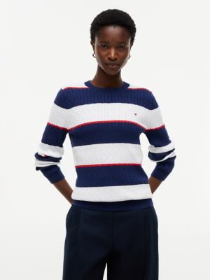 Rugby Stripe Cable Knit Sweater, Optic White