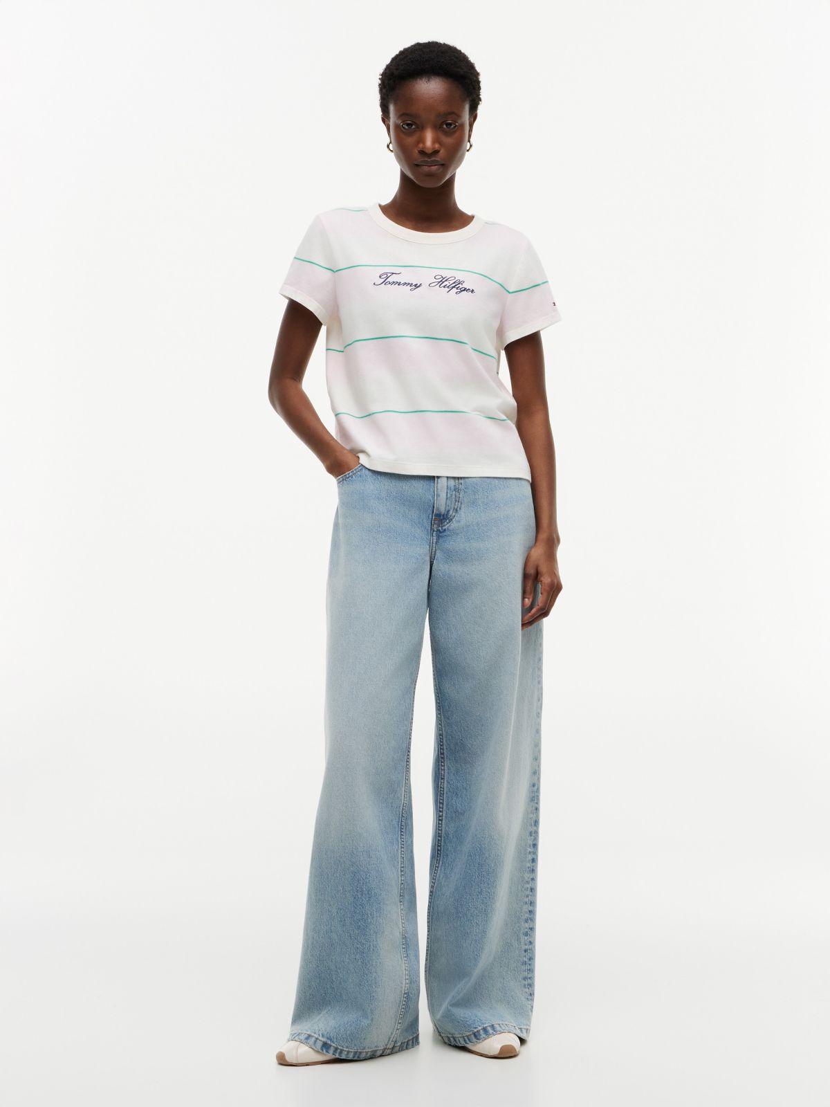 Embroidered Script Logo Striped T-Shirt — Pink Lily