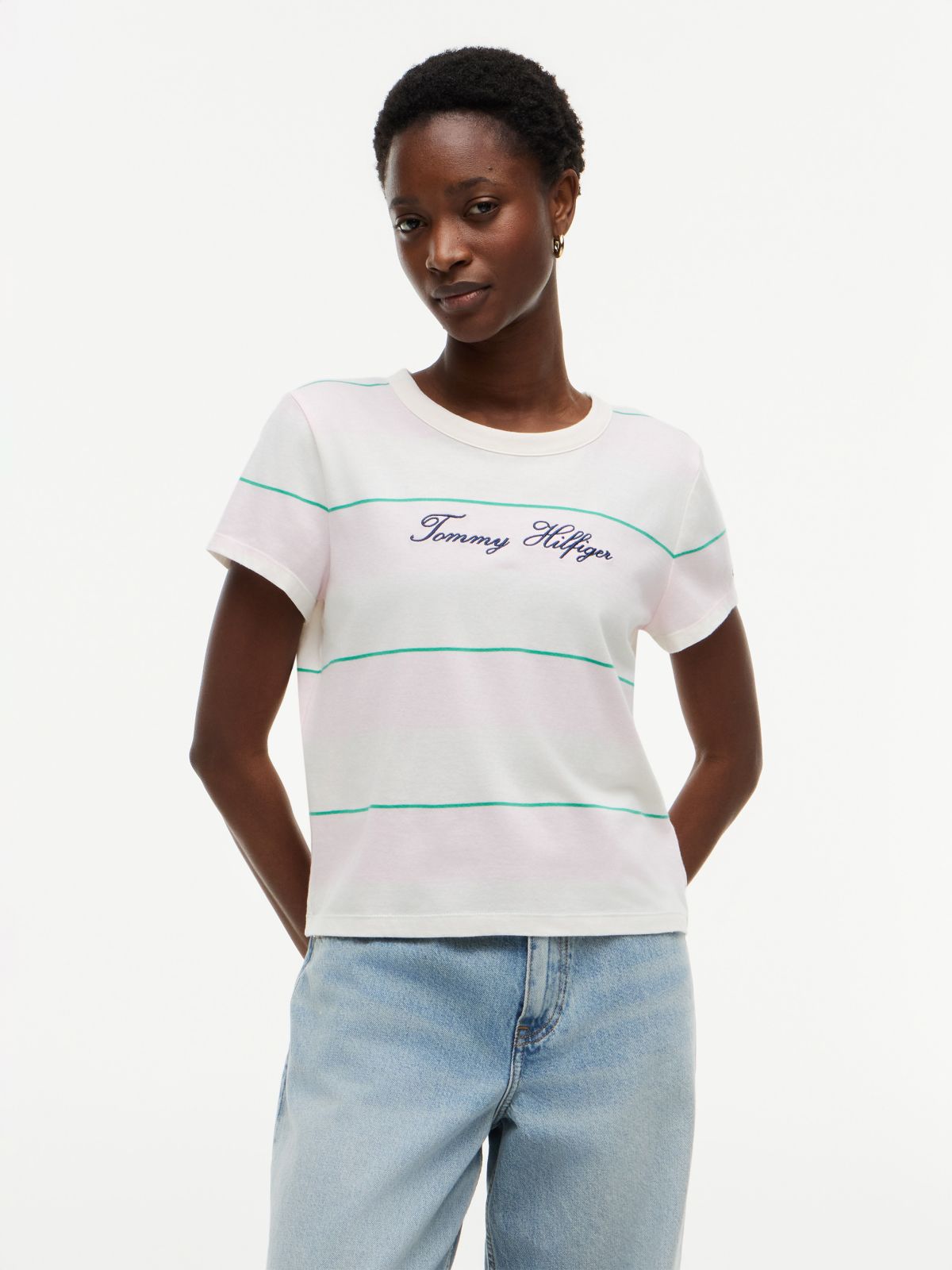 Embroidered Script Logo Striped T-Shirt — Pink Lily