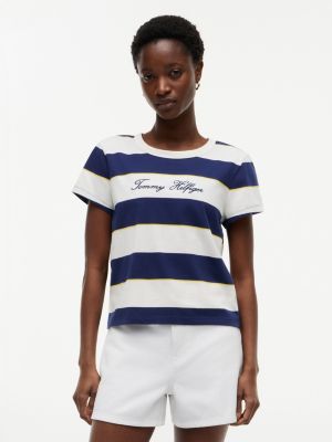 Embroidered Script Logo Striped T-Shirt, Ivory Silk