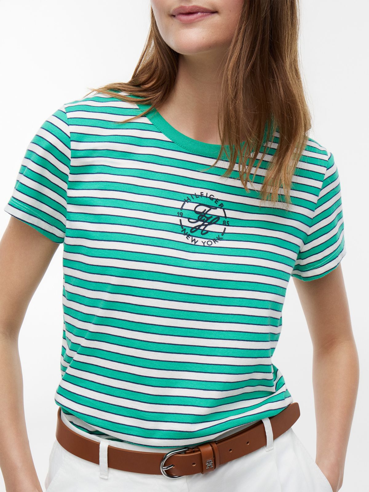 Nautical Script Monogram Striped T-Shirt — Cosmic Green