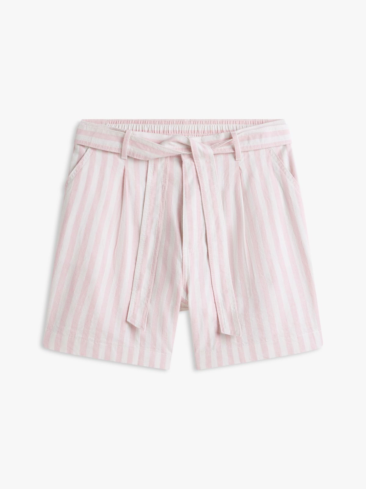 Belted Striped Linen-Blend Short — Pink Shade