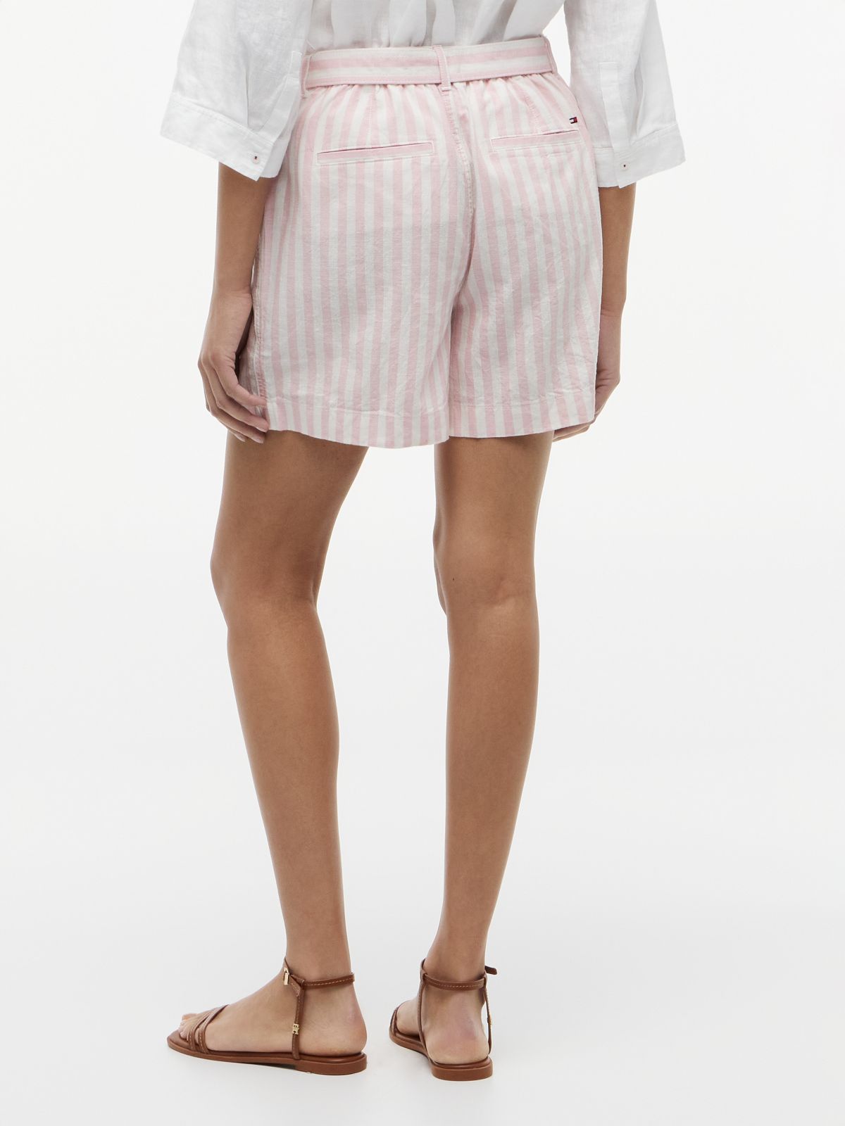Belted Striped Linen-Blend Short — Pink Shade