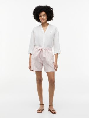 Belted Striped Linen-Blend Short, Pink Shade