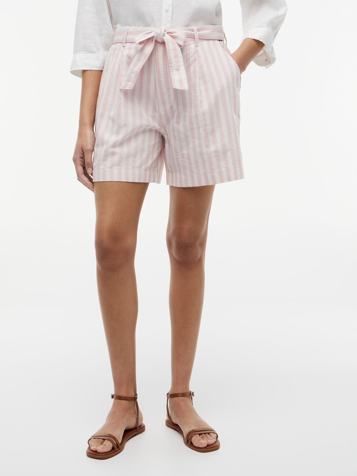 Belted Striped Linen-Blend Short — Pink Shade
