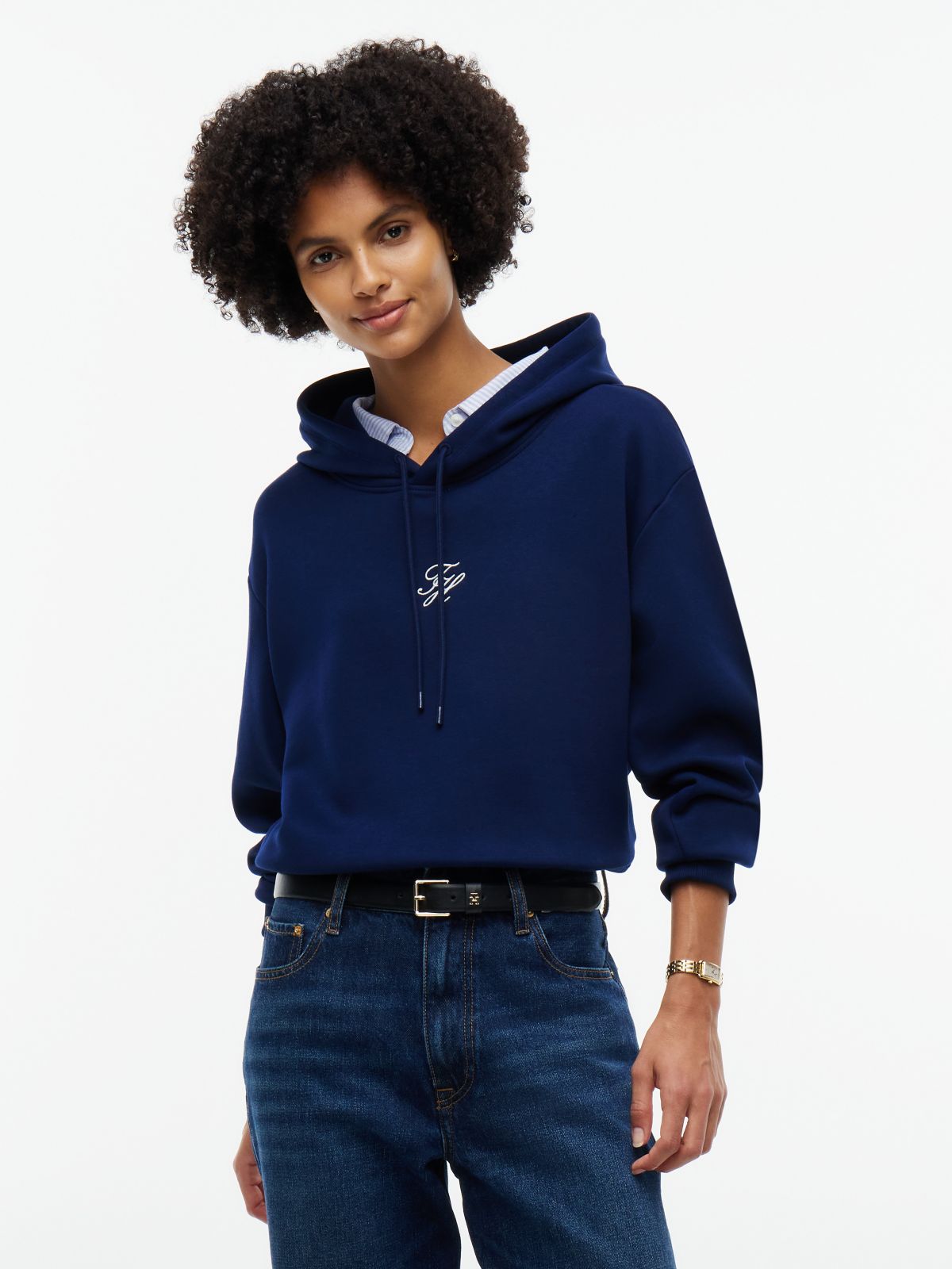 Layered-Look Relaxed Fit Hoodie — Carbon Navy