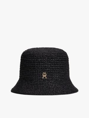 Crocheted Raffia Bucket Hat, Black