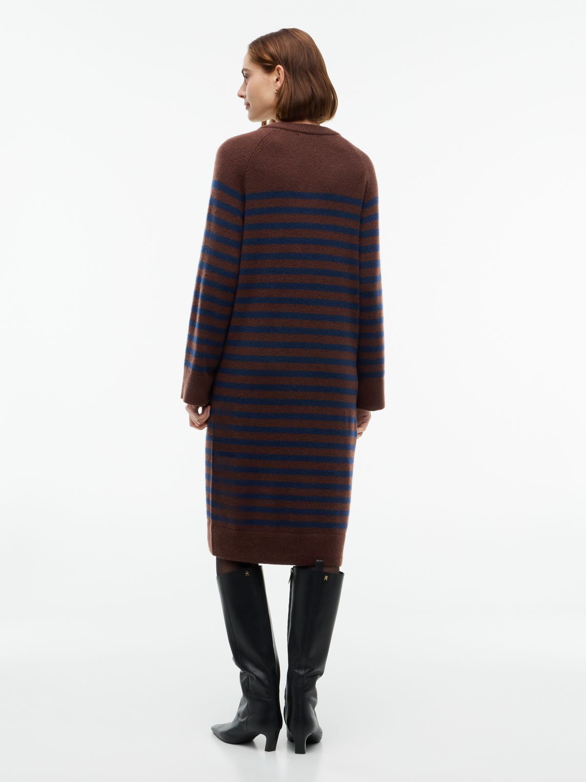 Striped V-Neck Sweater Dress — Pure Brown