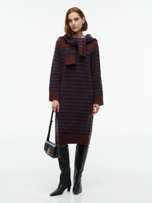 Striped V-Neck Sweater Dress, Pure Brown