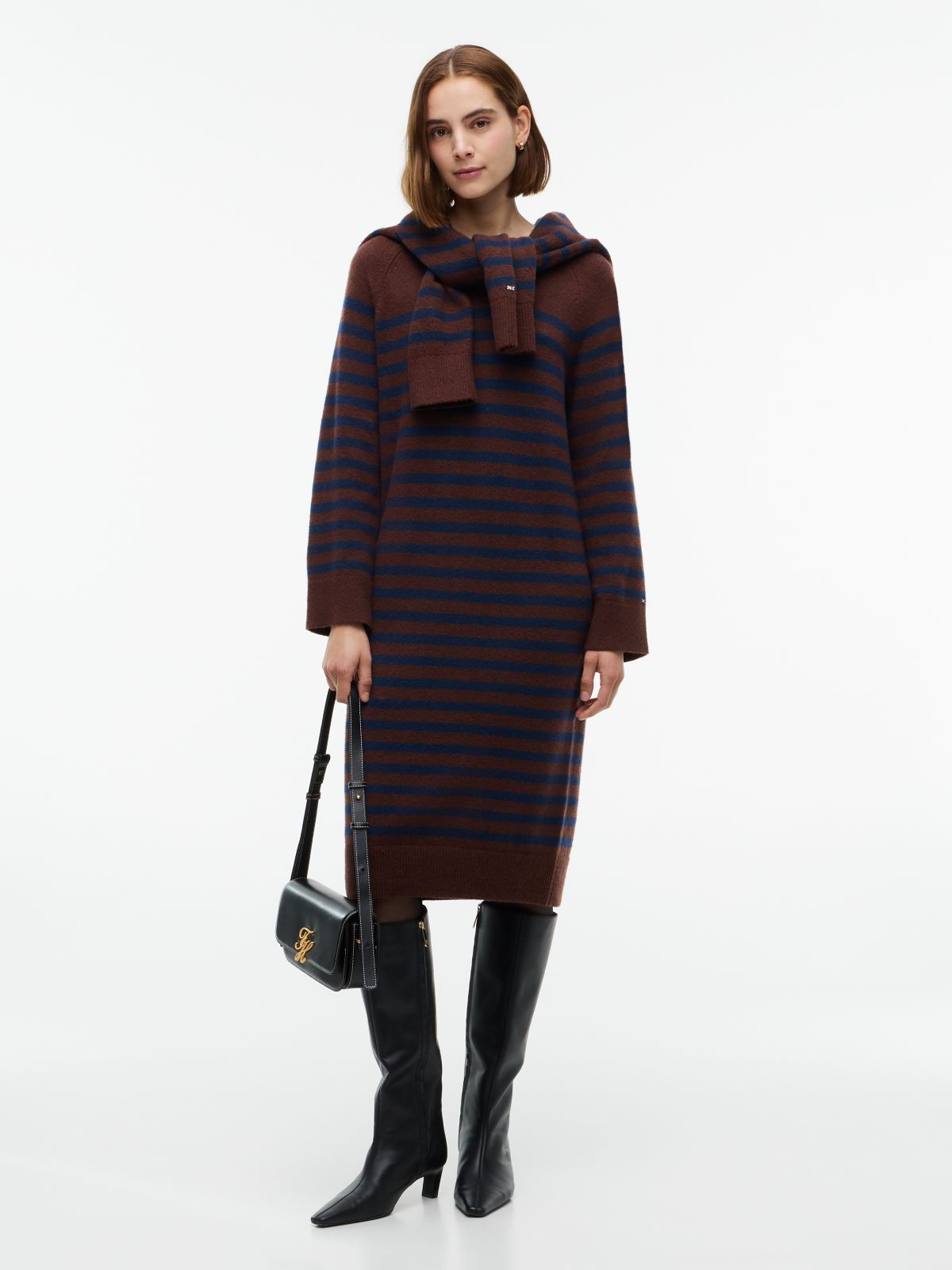 Striped V-Neck Sweater Dress — Pure Brown