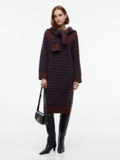 Striped V-Neck Sweater Dress — Pure Brown 1
