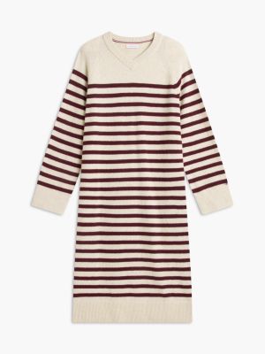 Женское платье Tommy Hilfiger Striped V-Neck Sweater Dress, цвет: Слоновая кость бордовый полосатый — фото 5