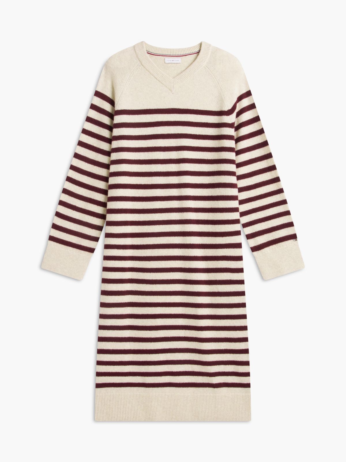 Striped V-Neck Sweater Dress — Ivory Burgundy Stripe