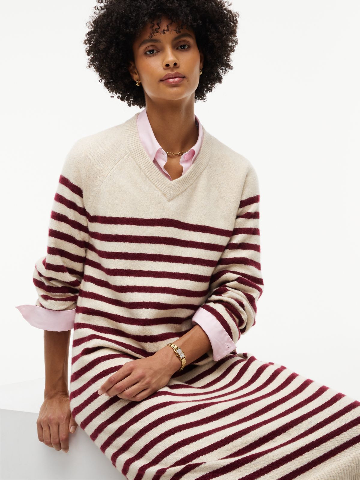 Striped V-Neck Sweater Dress — Ivory Burgundy Stripe