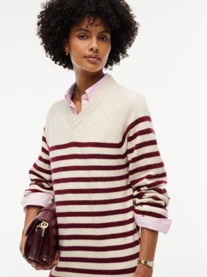 Женское платье Tommy Hilfiger Striped V-Neck Sweater Dress, цвет: Слоновая кость бордовый полосатый — фото 3