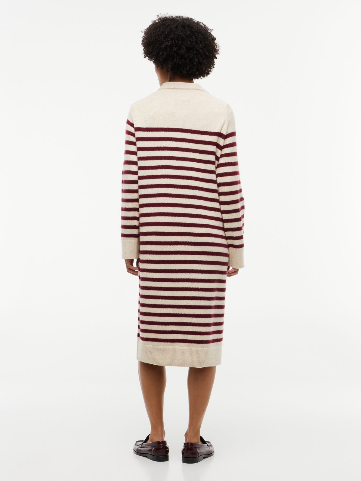 Striped V-Neck Sweater Dress — Ivory Burgundy Stripe