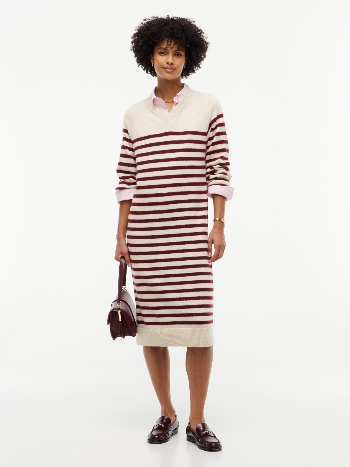Striped V-Neck Sweater Dress — Ivory Burgundy Stripe