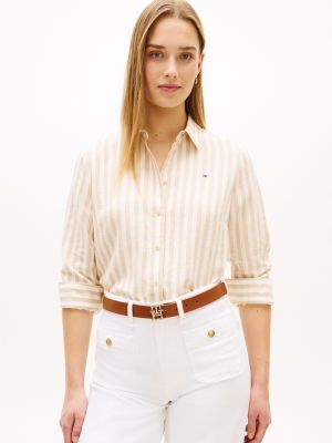 Relaxed Fit Stripe Linen-Blend Shirt, Clayed Pebble