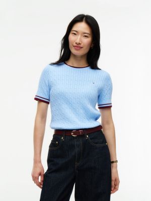 Short-Sleeve Cable Knit Tipped Sweater, Vessel Blue