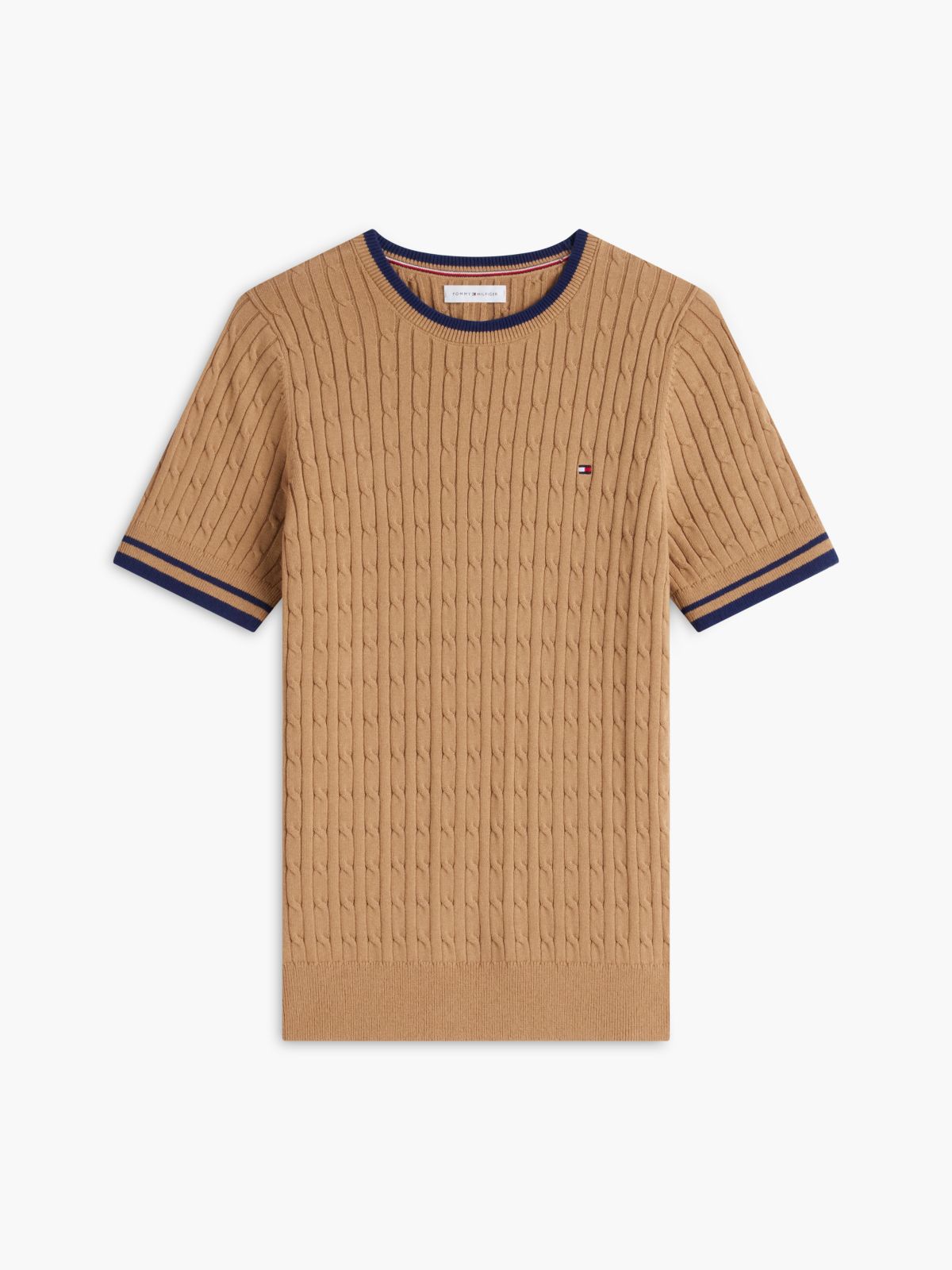 Short-Sleeve Cable Knit Tipped Sweater — Timeless Camel