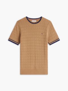 Short-Sleeve Cable Knit Tipped Sweater — Timeless Camel 5