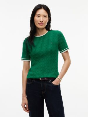 Short-Sleeve Cable Knit Tipped Sweater, Nouveau Green