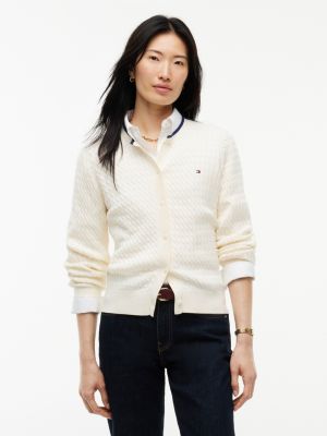 Tipped Cable Knit Cardigan, Rich Cream