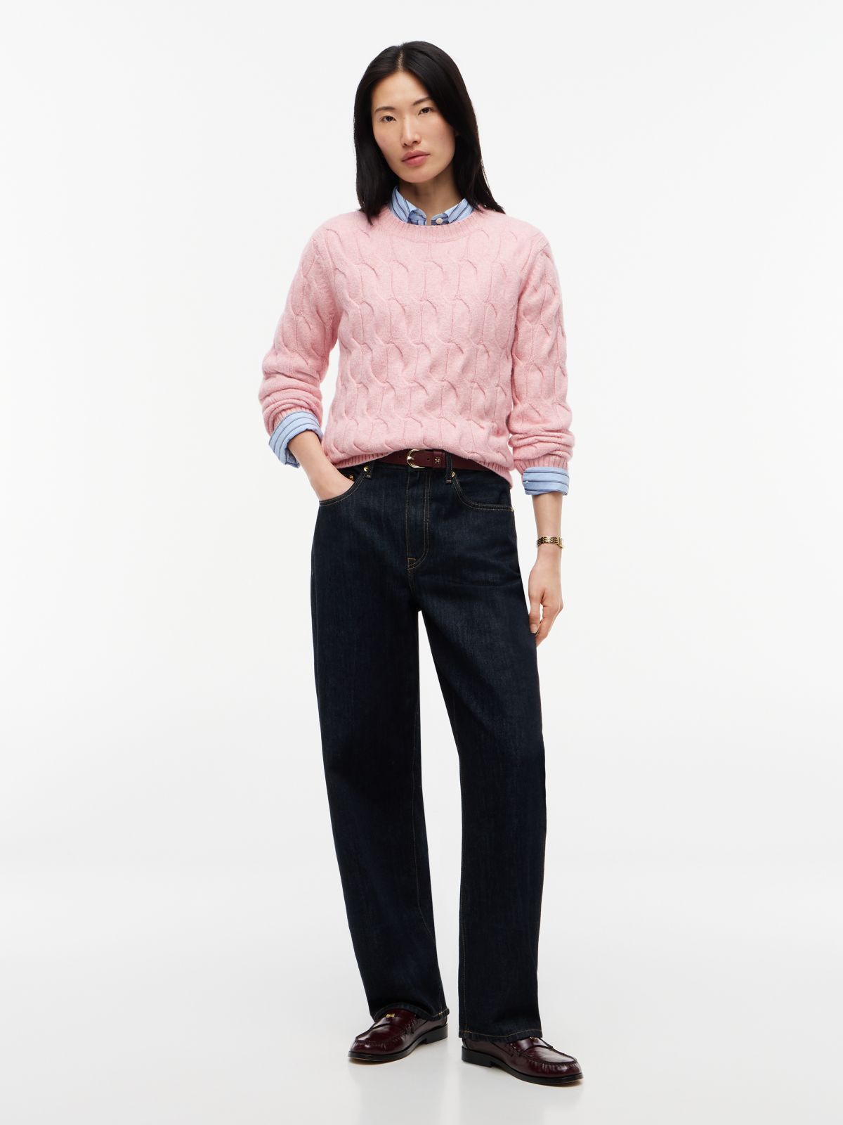 TH Soft Touch Cable Knit Crewneck Sweater — Pink
